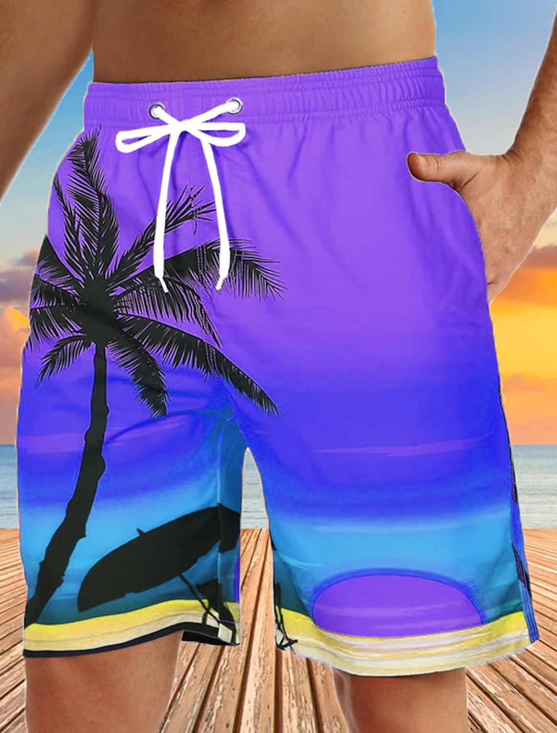 Men's Graphic Coconut Tree Swim Trunks Swim Shorts Board Shorts Mid Waist Streetwear Hawaiian Boho Casual Daily Holiday Drawstring Elastic Waist 3D Print Designer Clothing Apparel