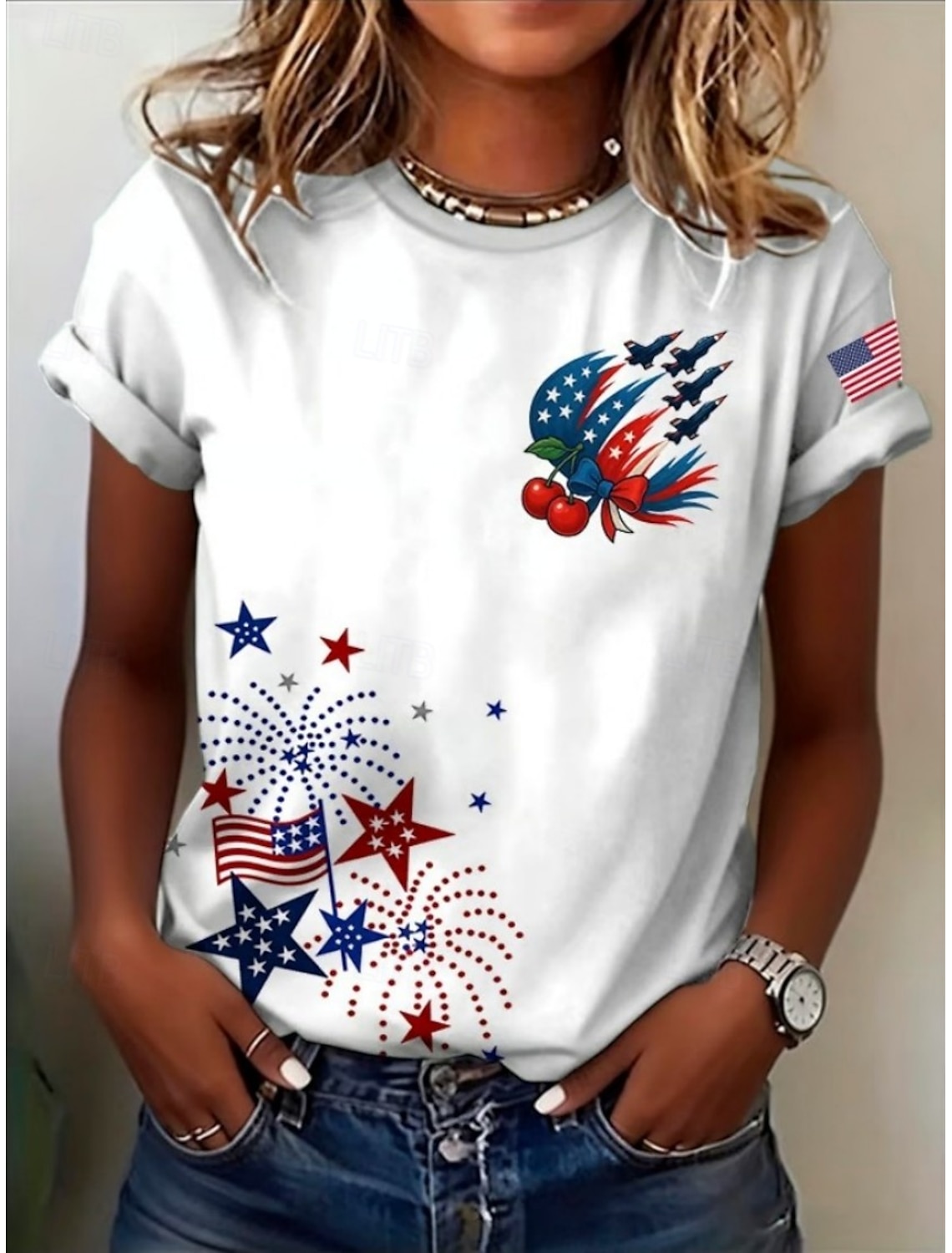 Independence Day American Anniversary Patriotic Women's T Shirt Graphic Flag Letter Vintage Fashion Stylish Short Sleeve Crew Neck Daily Weekend Print Blue Black White Red Summer Spring