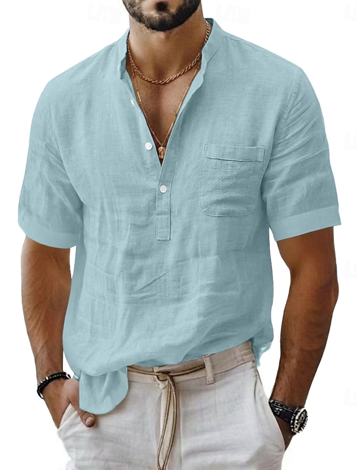 Men's Linen Shirt Popover Summer Beach Wear Band Collar Plain Casual