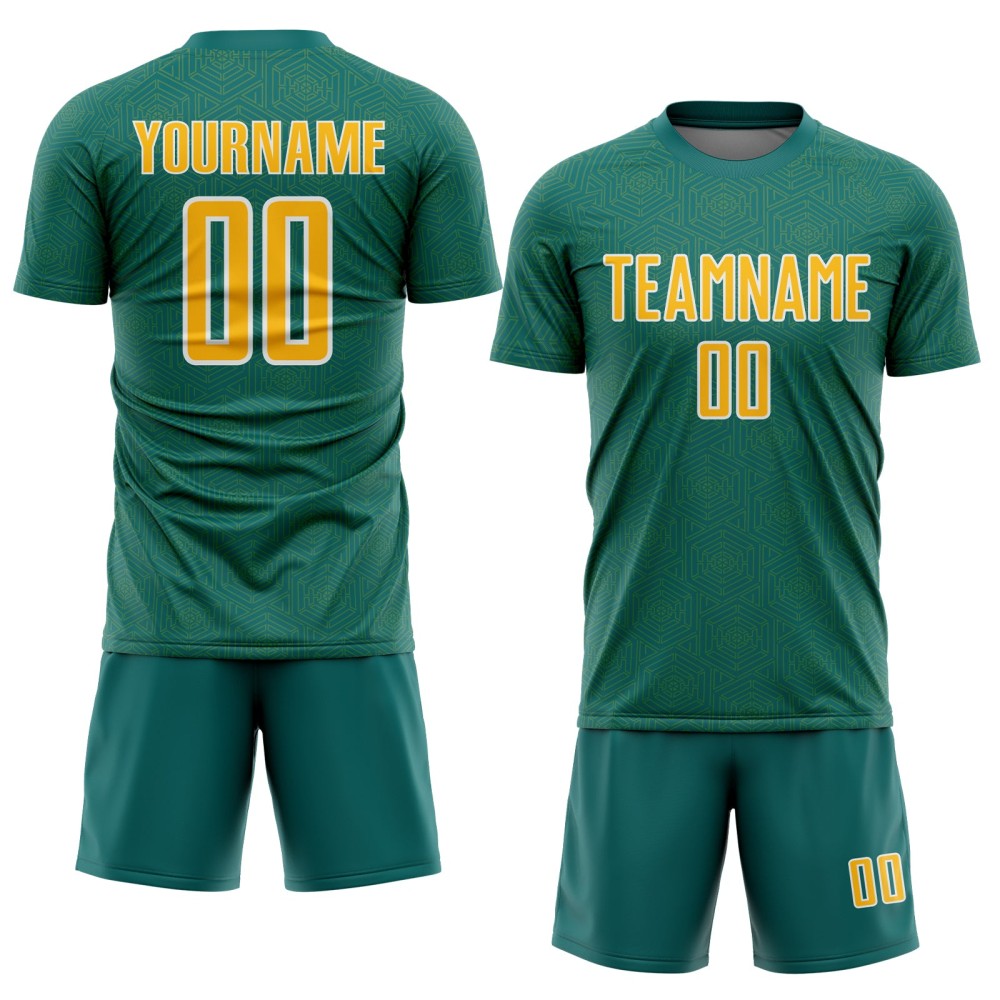 Jersey Teal Shape Custom Gold-White Geometric Soccer Sublimation Sports Uniform