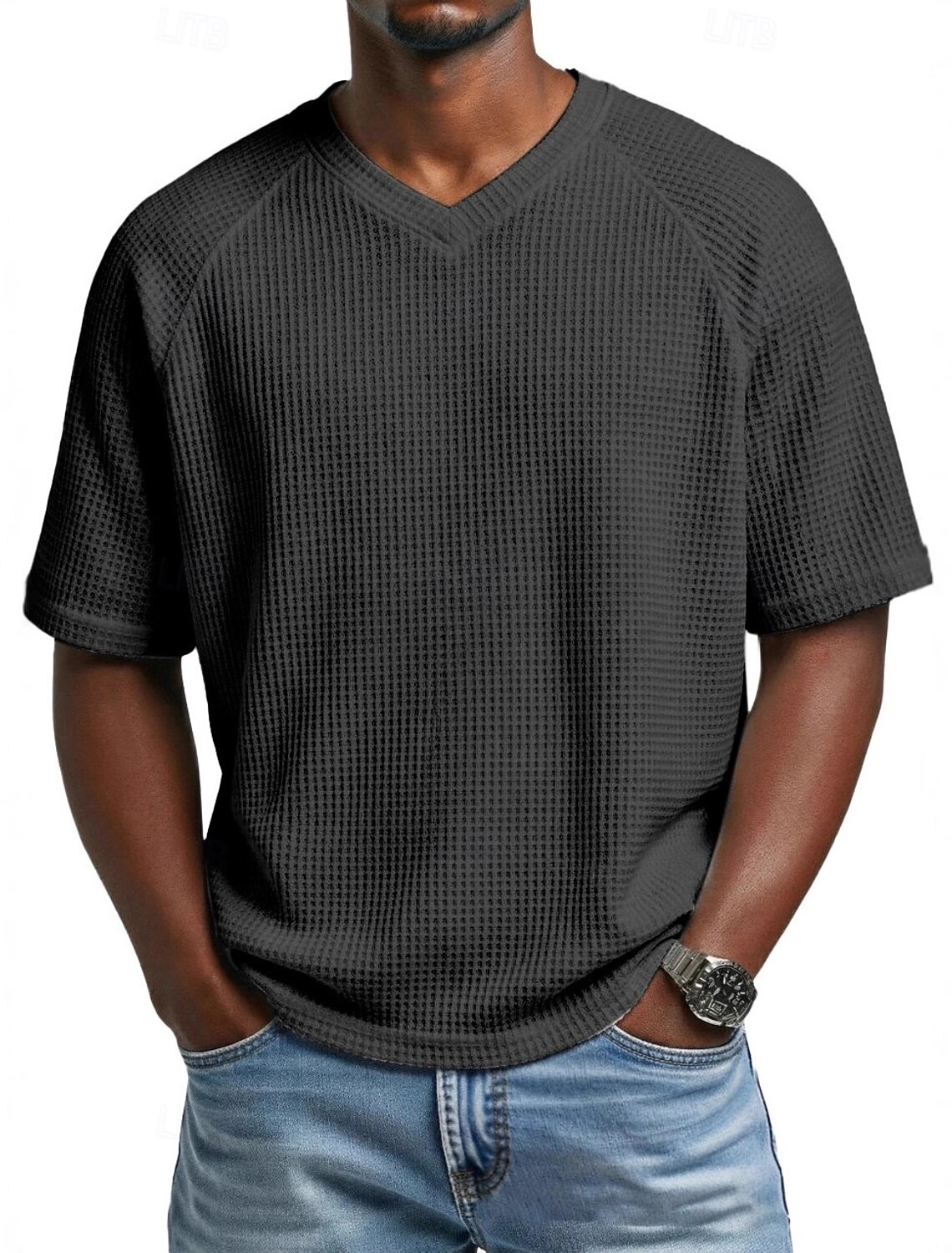 Men Waffle T-shirt Tee Top Short Sleeve V Neck Summer Solid Color
