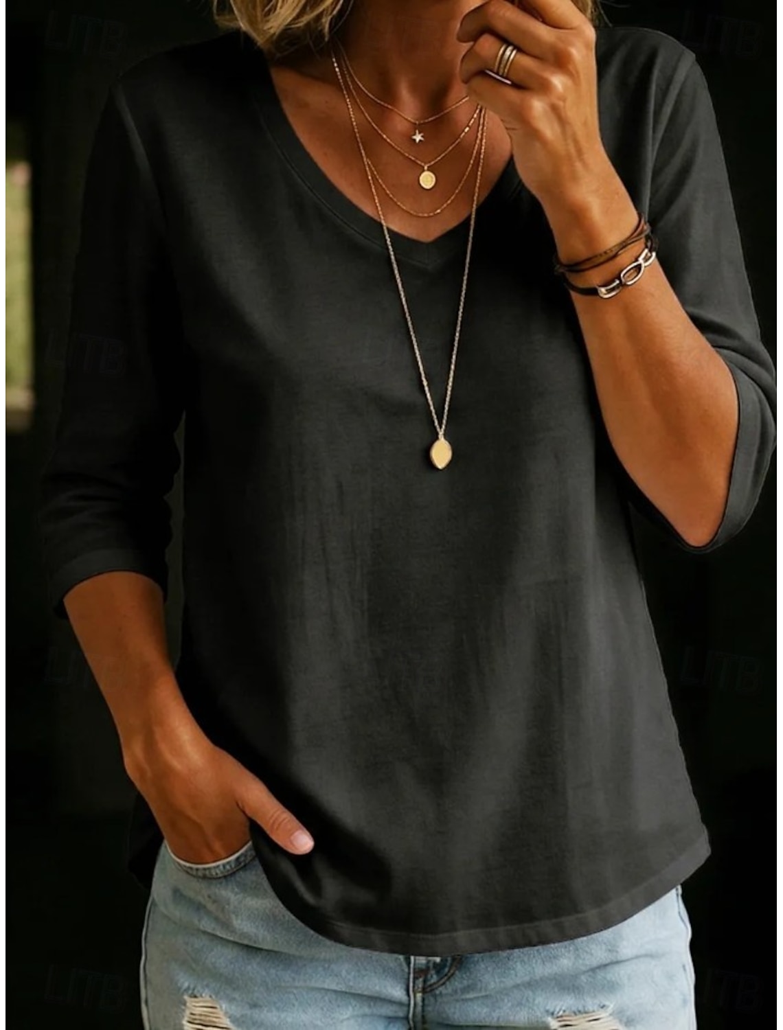 Women's 100% Cotton T-Shirts - Quality Heavy Long Sleeve Crew Neck Tee