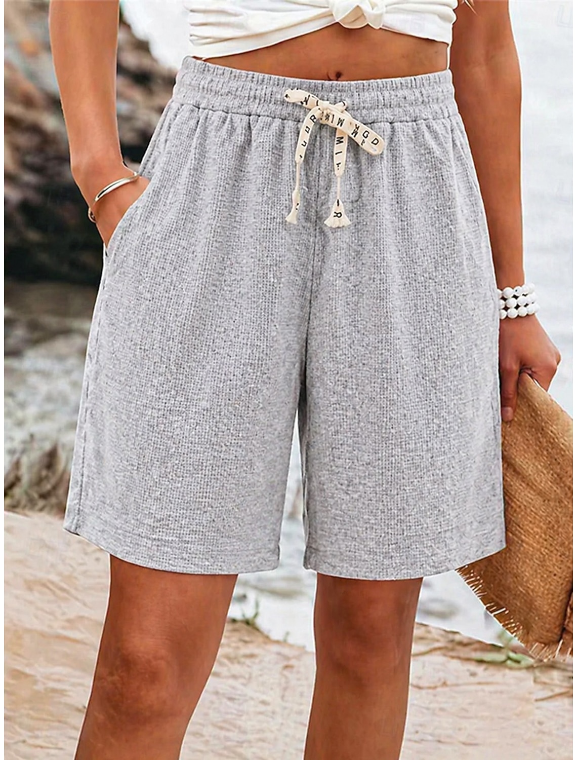 Women's Waffle Bermuda shorts Cotton Blend Chinos Elegant Active Vacation Short Mid Waist Plain Comfort Stretchy Daily Grey Black Summer Spring Fall Regular Fit