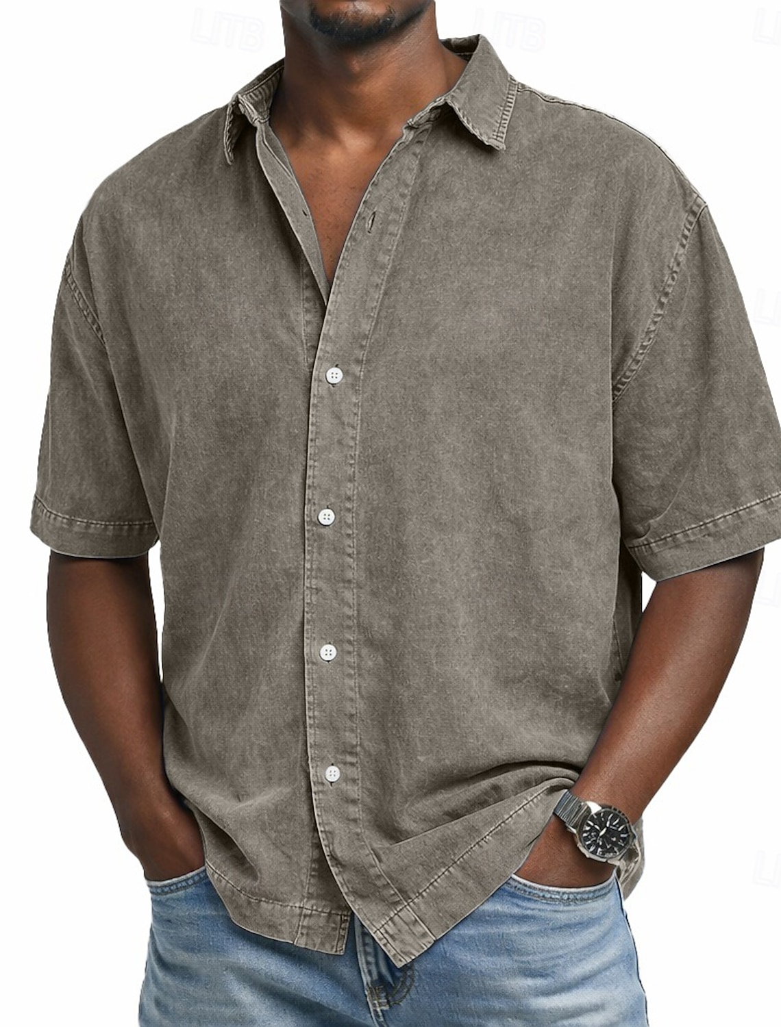 SoftFade™ Men's Shirt Casual Shirt Denim Shirt 100% Cotton Acid Wash Shirt Acid Wash Shirt Black Pink Navy Blue Purple Green Short Sleeve Plain Shirt Collar Casual Daily Clothing