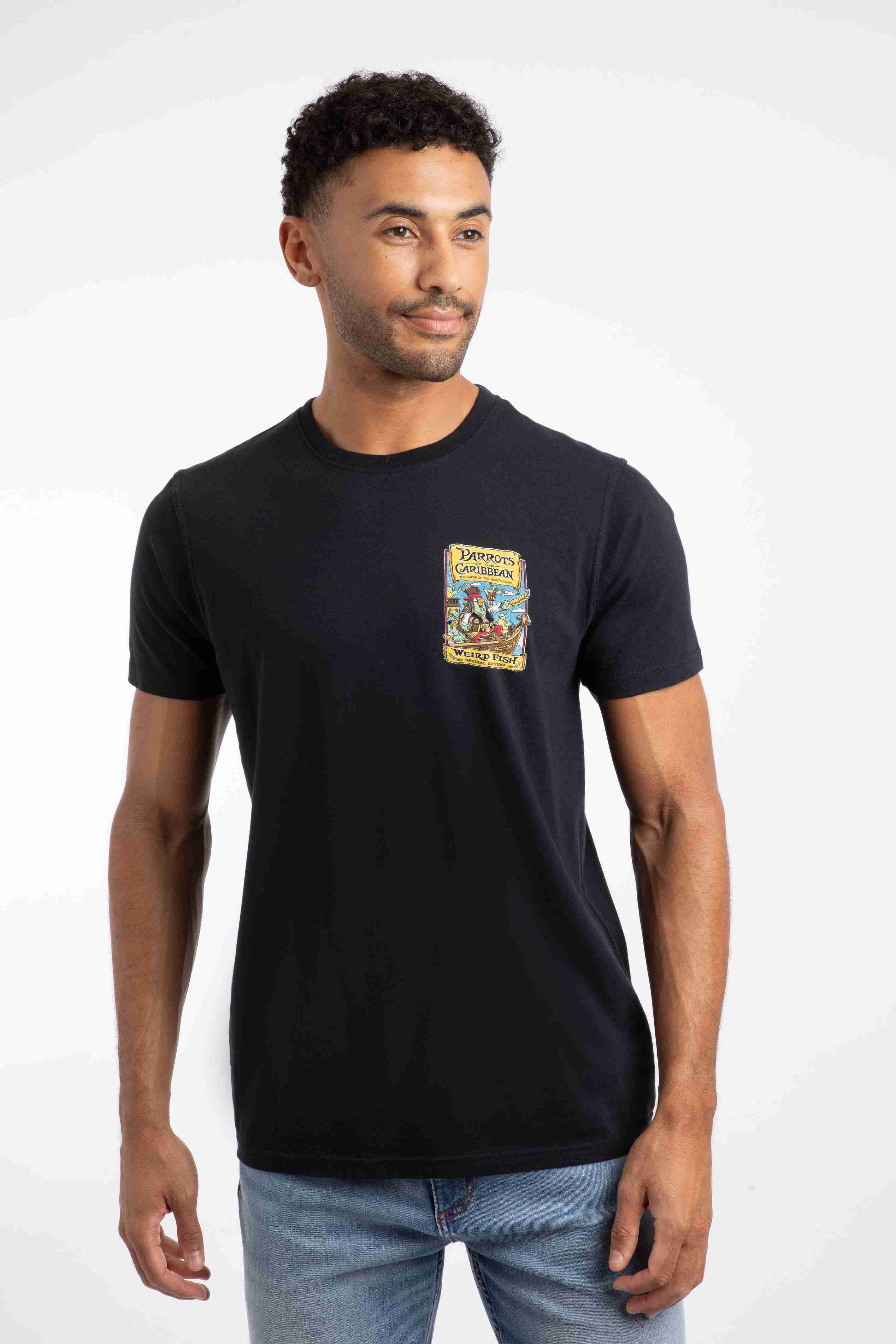 Parrots of the Caribbean Back Print Artist T-Shirt Black