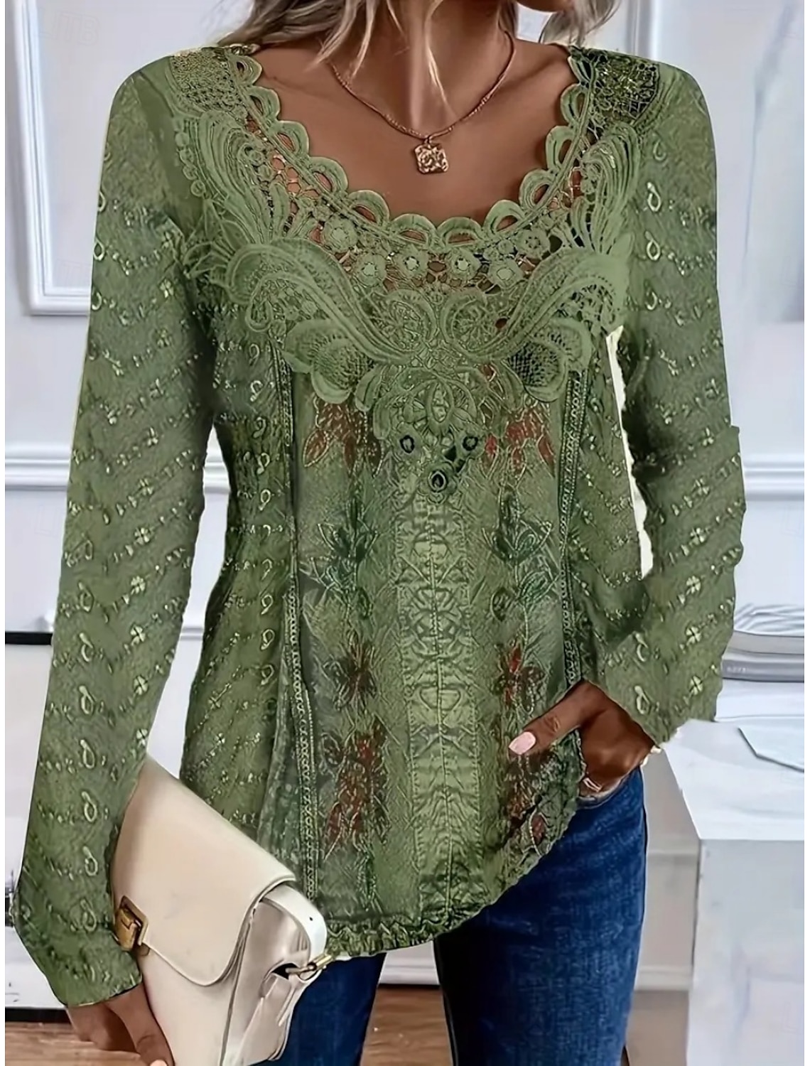 Women's Lace Splicing Top Floral Vintage Basic Casual Long Sleeve V Neck Regular Tops Daily Lace Patchwork Print Green Spring Prefall