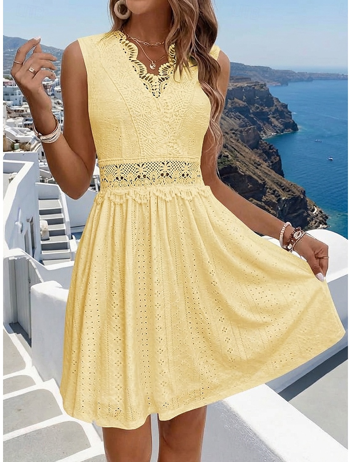 Women's Knee Length Dress Lace Dress White Dress Casual Dress Summer Dress Elegant Fashion Beach Vacation Holiday Regular Fit Floral Sleeveless V Neck Blue Black White Yellow Summer Spring