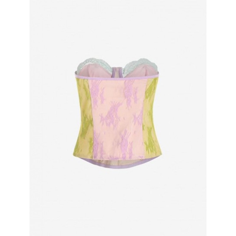 Colorblock Lace Underwire Mock Button Strapless Corset Top PC8745