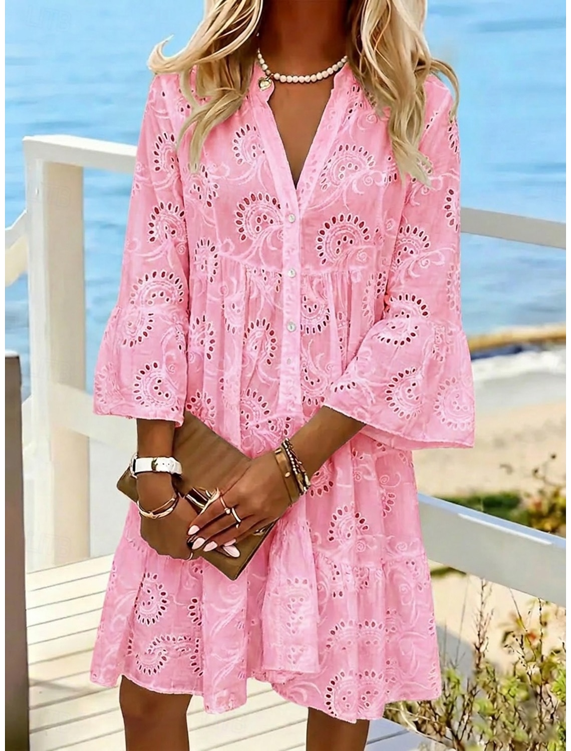 Women's Knee Length Dress White Dress Summer Dress Eyelet Dress Fashion Modern Beach Vacation Holiday Loose Fit Floral Long Sleeve Stand Collar White Yellow Pink Royal Blue Summer Spring