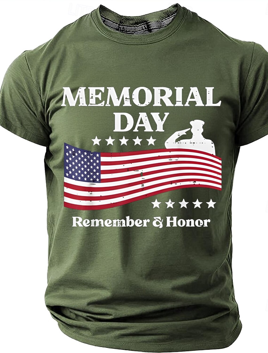 Memorial Day Remember & Honor Men's American Flag Saluting Soldier Patriotic Vintage Graphic T Shirt Short Sleeve Crew Neck Casual Tee Designer Clothing Apparel S M L XL XXL XXXL