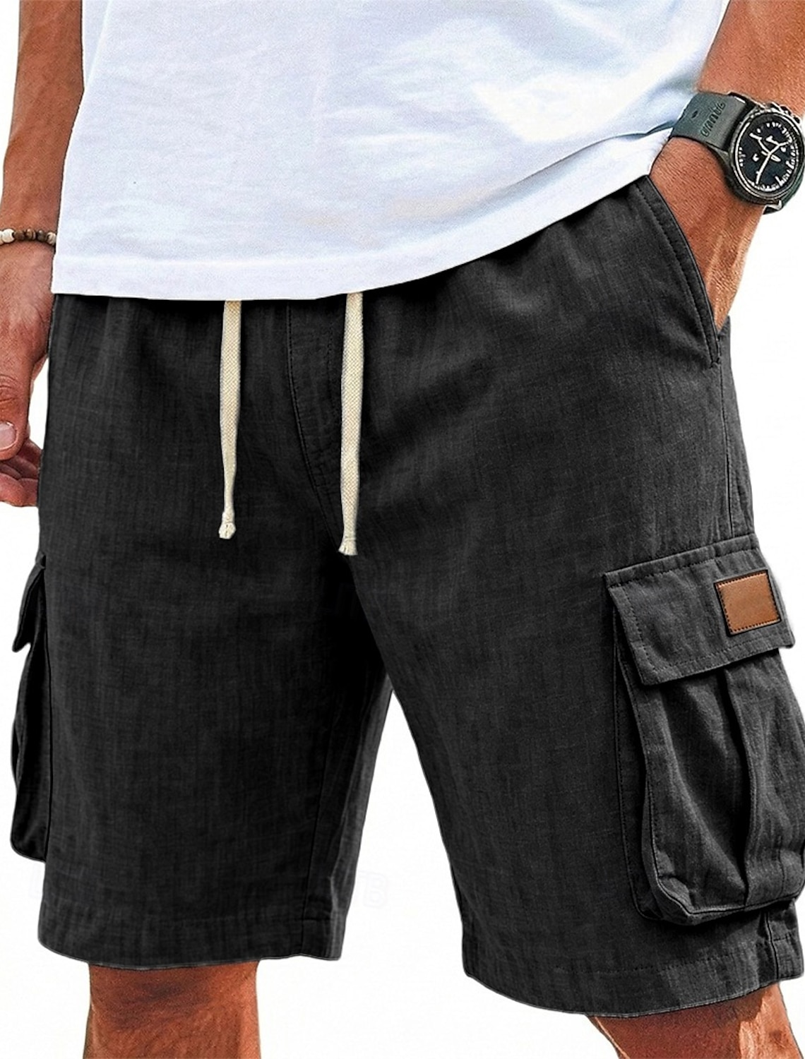Men's Shorts Linen Shorts Summer Shorts Beach Shorts Drawstring Elastic Waist Multi Pocket Plain Comfort Breathable Knee Length Daily Outdoor Holiday Vacation Fashion Black Green Inelastic