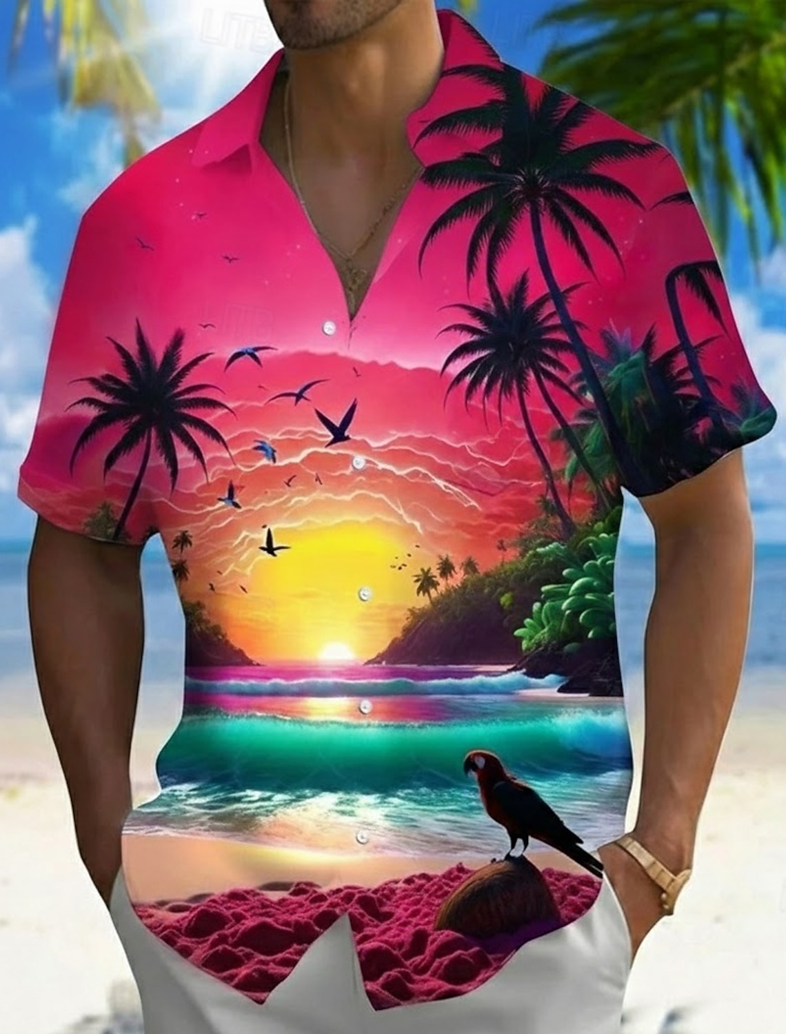 Men's Coconut Tree Ocean Tropical Plants Summer Hawaiian Shirt Button