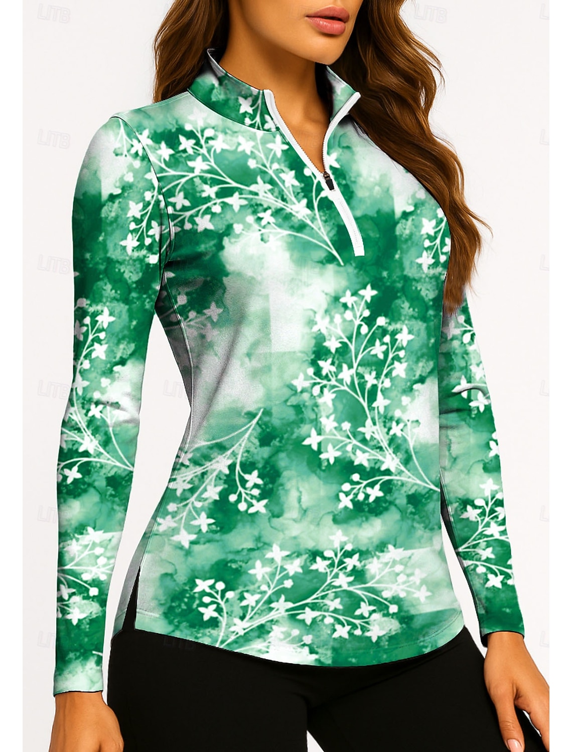Women's Tie Dye Plants Tropical Floral Botanical Tops Golf Polo Shirt Tennis Shirt Tennis Tee Long Sleeve Print Quarter Zip Pullover UPF50+ UV Protection Elastic Breathable Tennis Golf Pickleball Zip