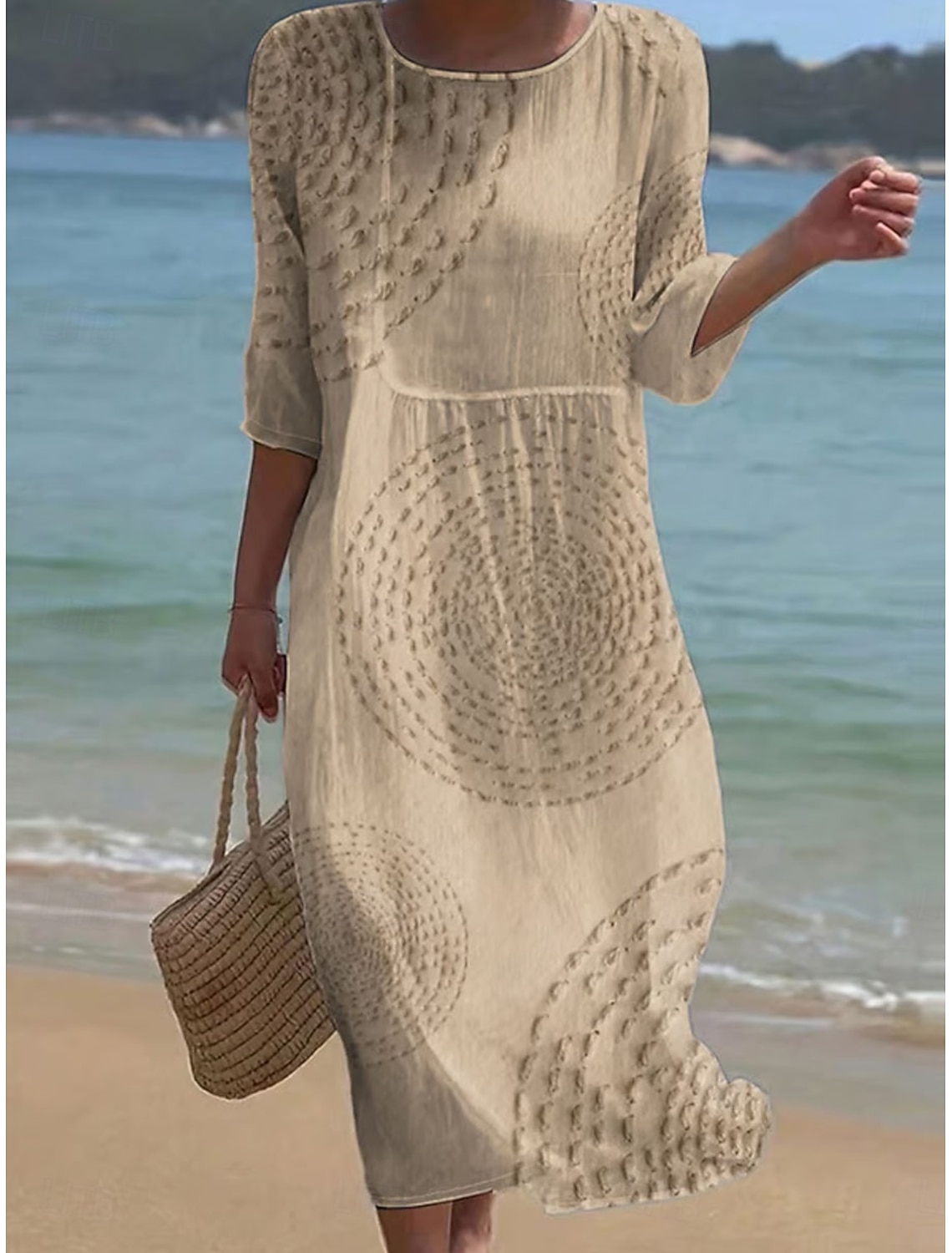Women's Maxi Dress Linen Like Breathable Lightweight Kaftan 3/4 Length Sleeve Crew Neck Casual Dress A Line Dress Boho Regular Fit Graphic Abstract White Blue Green Khaki Spring Fall
