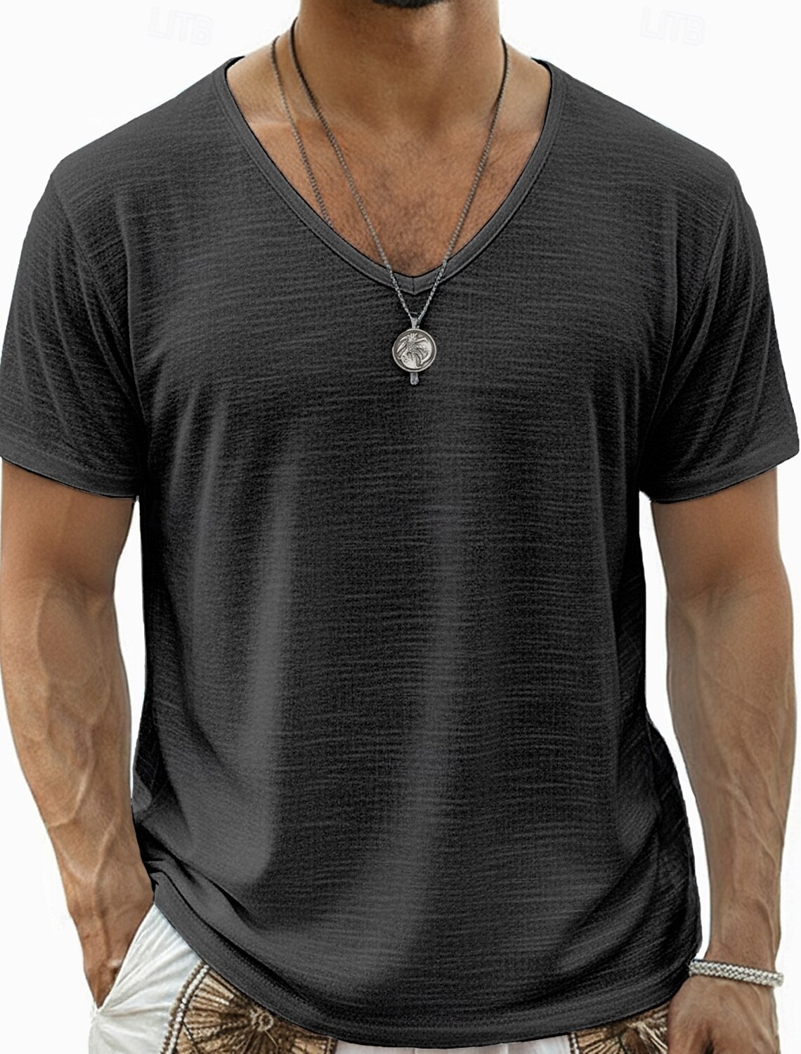 Men's Tee Top Linen T-Shirt Short Sleeve V Neck Summer Solid Color