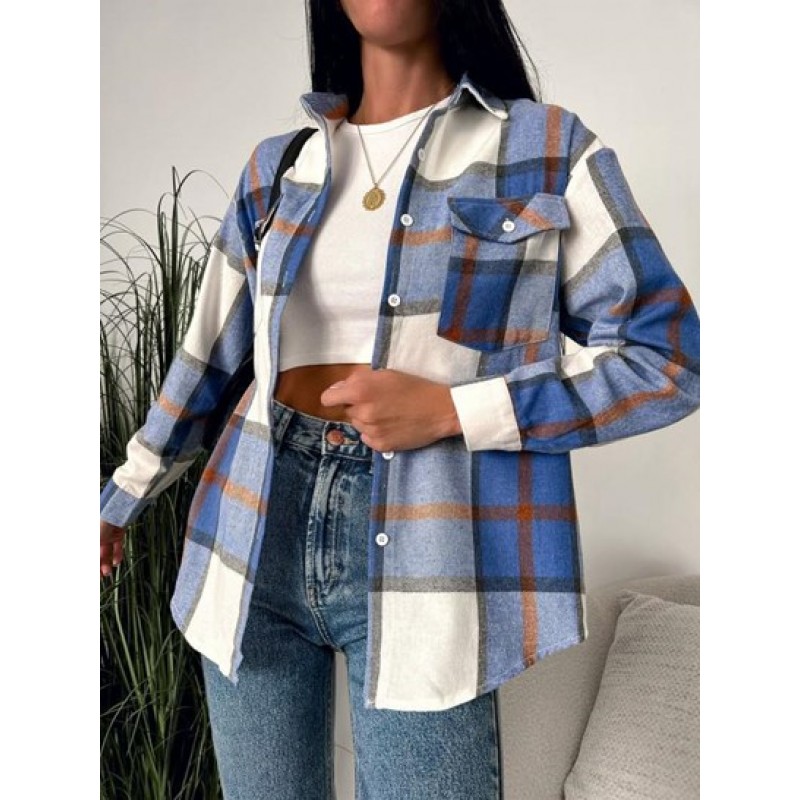 Plaid Double Pockets Button Up Shacket UJ6645