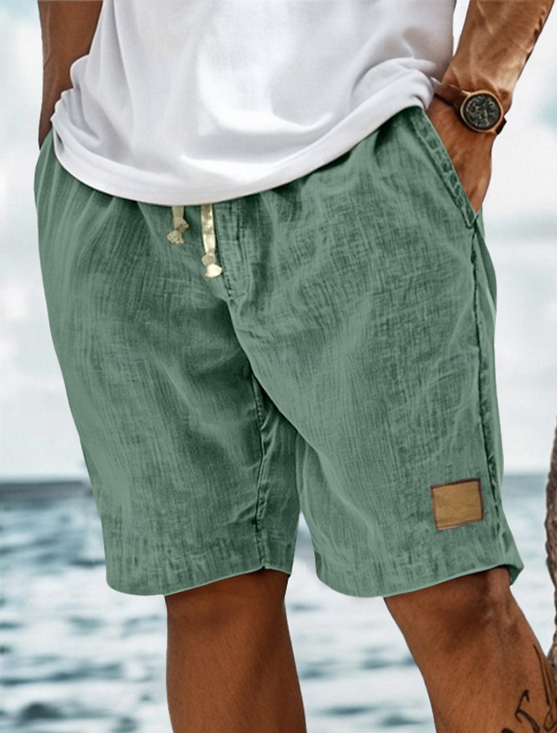 Men's Shorts Summer Beach Pocket Elastic Waist Drawstring Plain #2