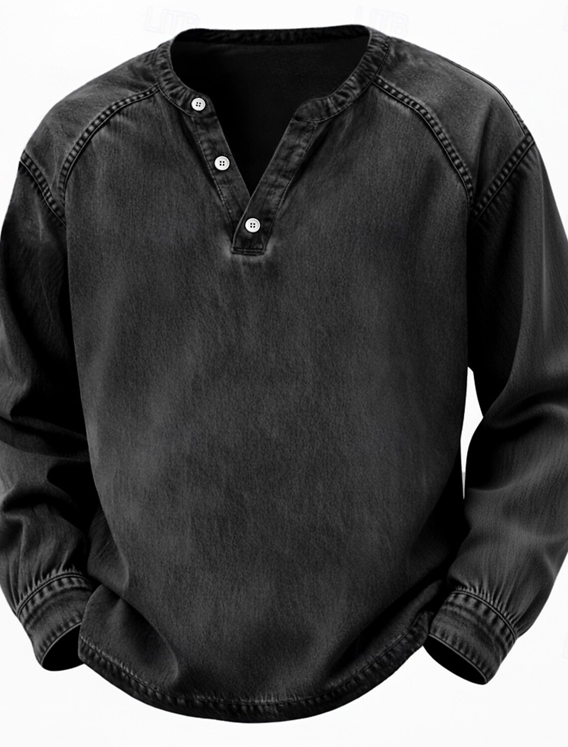 Men's T Shirt Henley 100% Cotton Acid Wash Tee Top Long Sleeve Plai #2