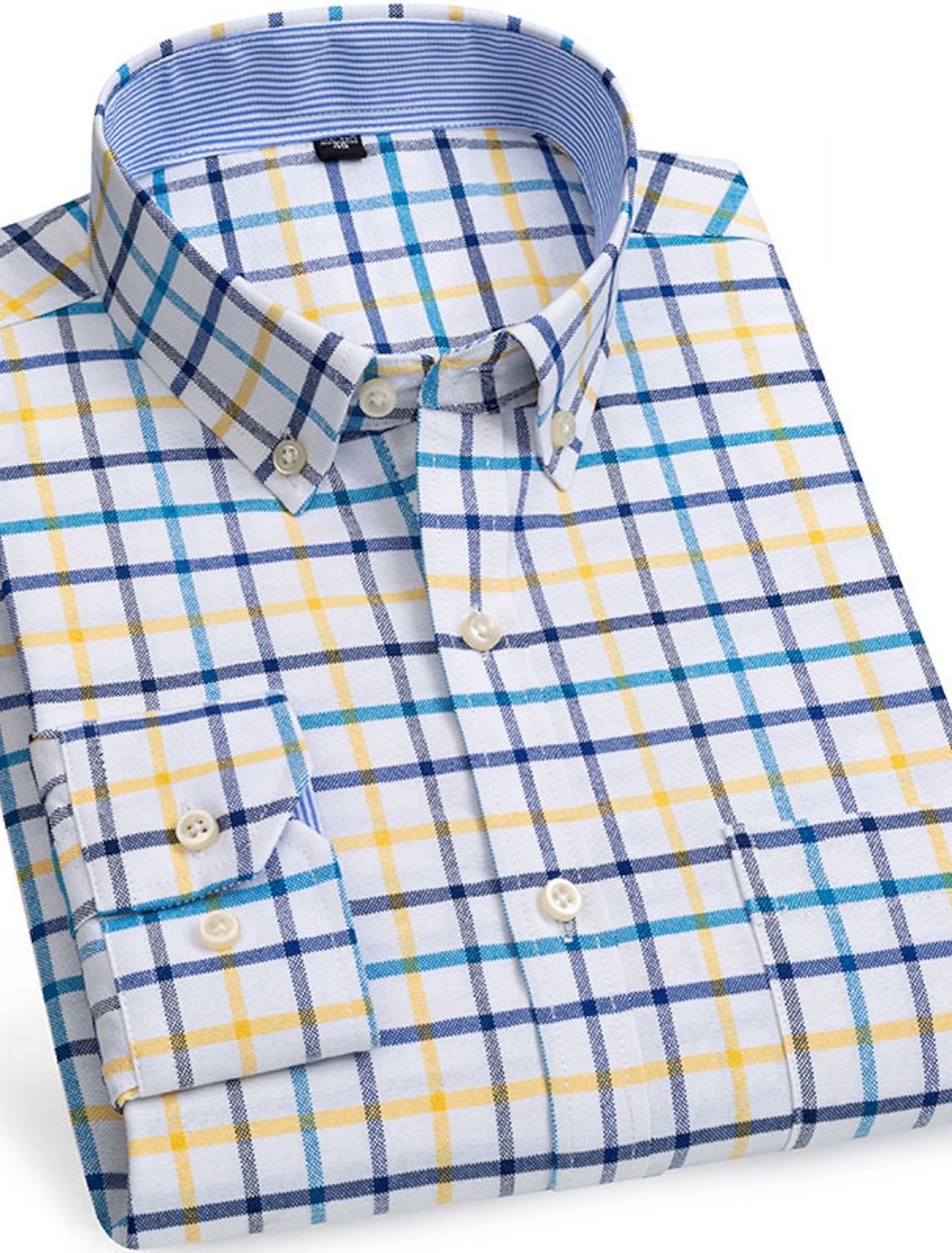 Men's Dress Shirt Button Down Shirt Oxford Shirt Non Iron Shirt Stripes and Plaid Vacation Wedding Light Yellow Denim Blue White Yellow Long Sleeve Turndown All Seasons Clothing Apparel Button-Down