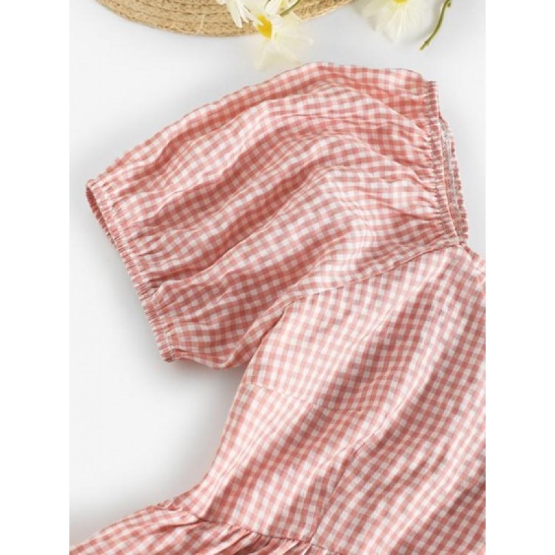 Gingham Puff Sleeve Peplum Blouse TP3361