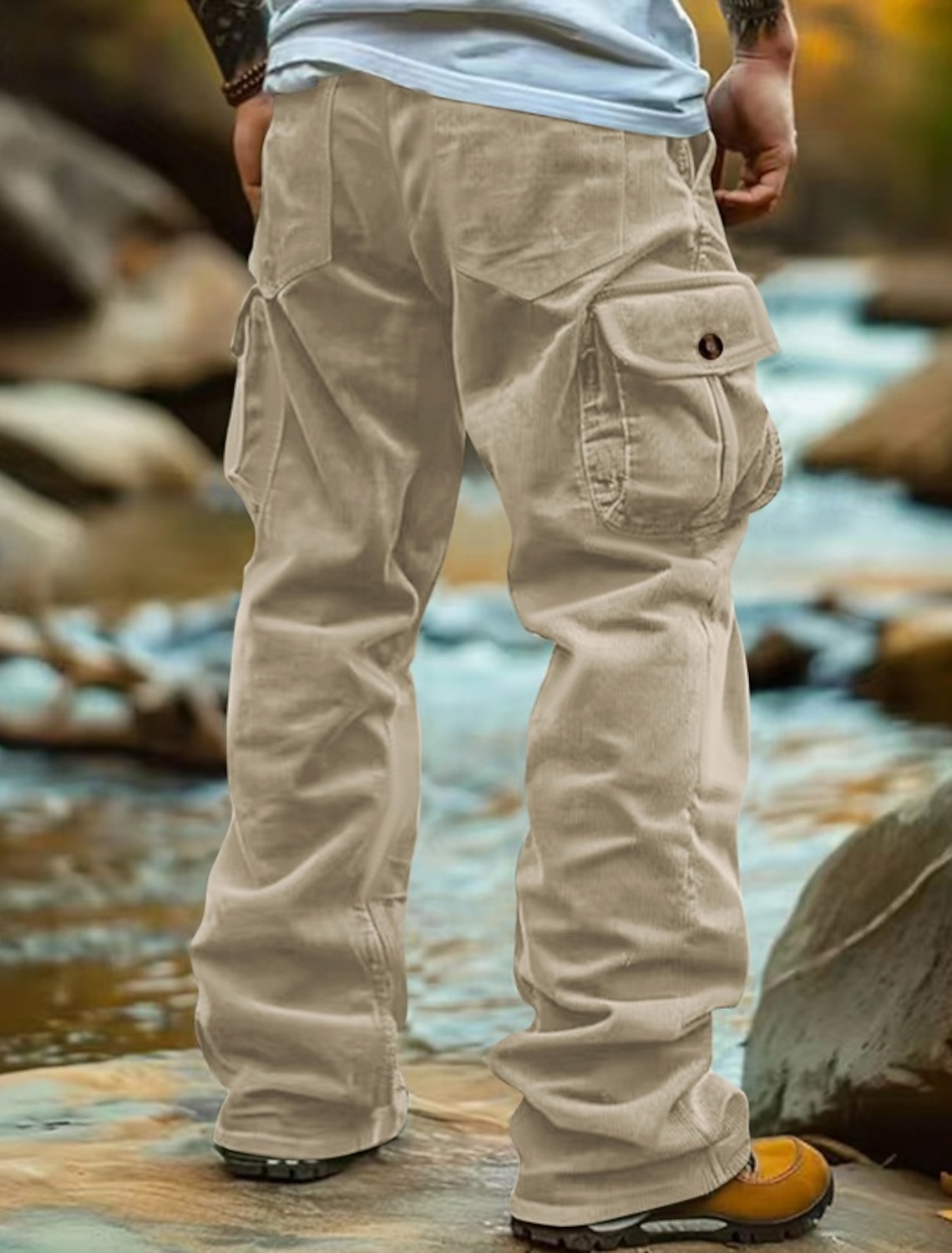 Men's Cargo Pants Corduroy Trousers Baggy Casual Elastic Waist Multi