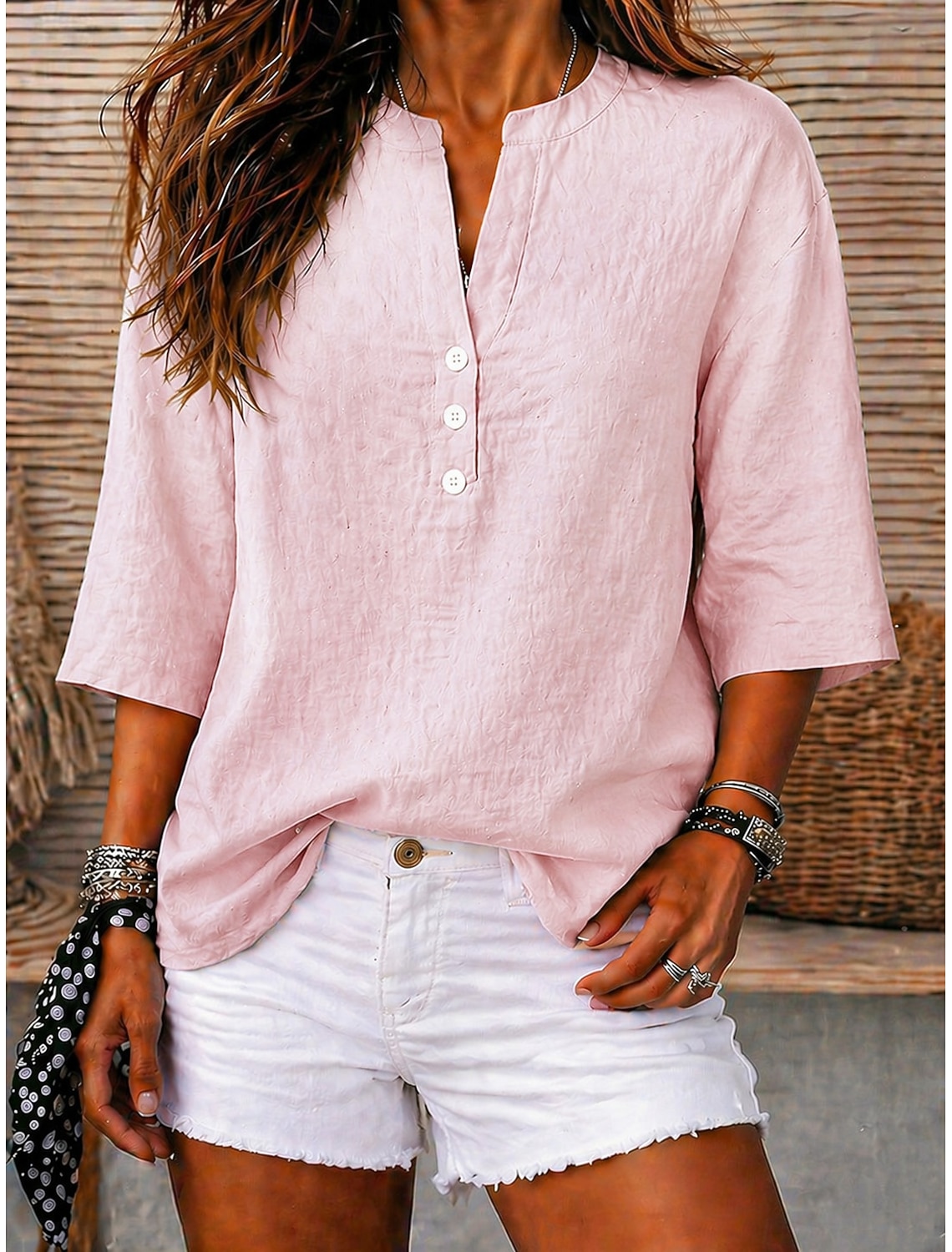 Women's T Shirt Henley Shirt Blouse Tee Elegant Daily Basic Fashion Half Sleeve V Neck Crop Tops Casual Daily Beach Khaki Black Pink Royal Blue Purple Summer Spring