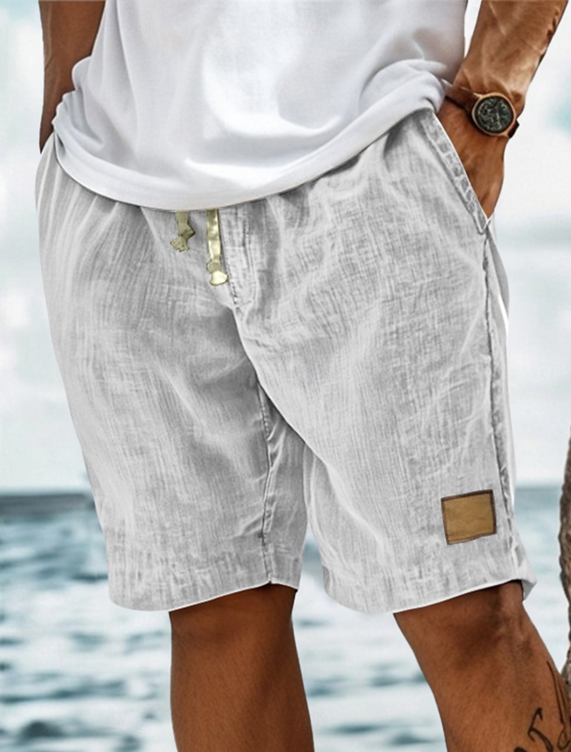 Men's Shorts Summer Beach Pocket Elastic Waist Drawstring Plain #2