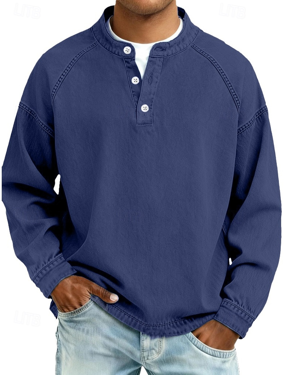 Men's T Shirt Henley Shirt 100% Cotton Acid Wash Shirt Tee Top Long Sleeve Plain Vintage Streetwear Casual Washed Raglan Sleeves Stand Collar Henley Casual Home Street Spring Fall Fall & Winter Black