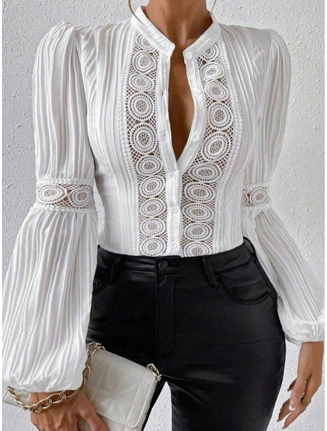 Women's Shirt Blouse Basic Casual Solid Color Regular Tops Long Sleeve V Neck Lace Patchwork Buttons Regular Fit Daily Summer Spring Fall