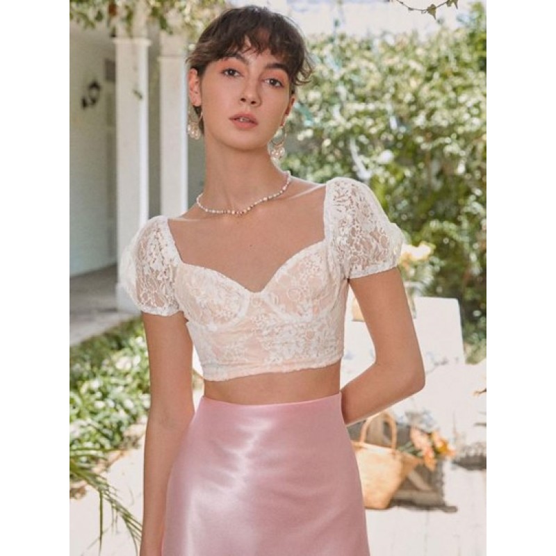 Lace Insert Puff Sleeve Crop Corset Top IN5305