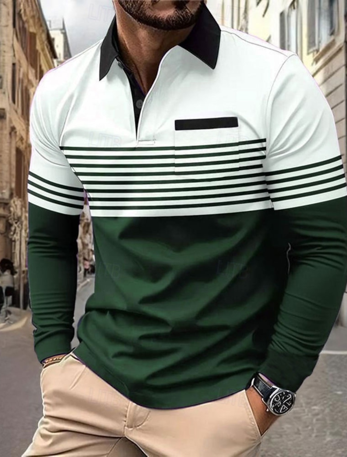 Men's Horizontal Stripes Polo Long Sleeve Shirts Collared Business