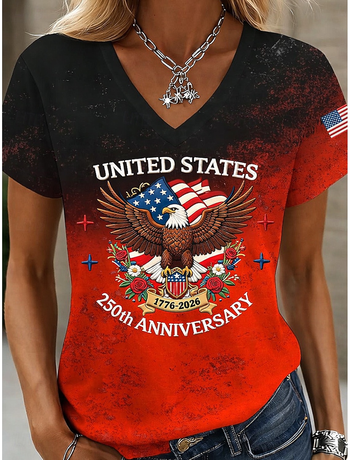 Independence Day American Anniversary Patriotic Women's T Shirt Print Graphic Flag Vintage Stylish Classic Short Sleeve V Neck Regular Tops Daily Red Summer Spring