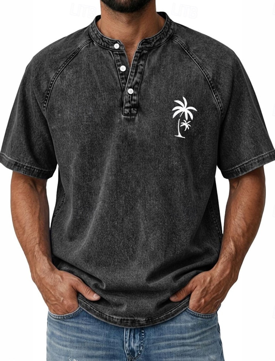 SoftFade™ Men's Coconut Tree T Shirt Demin Shirt 100% Cotton Acid Wash Shirt Short Sleeve Vintage Streetwear Casual Home Street Summer Spring Black Light Green Light Blue Stand