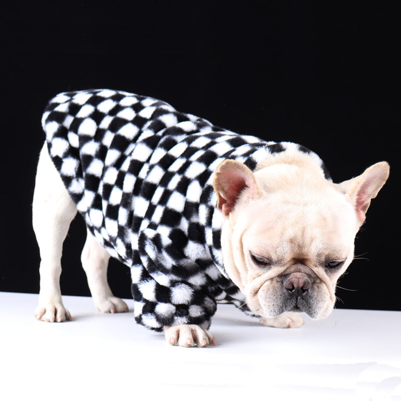 Frenchie Checkered Dog Coat – Soft Warm Winter Outfit for Small Dogs