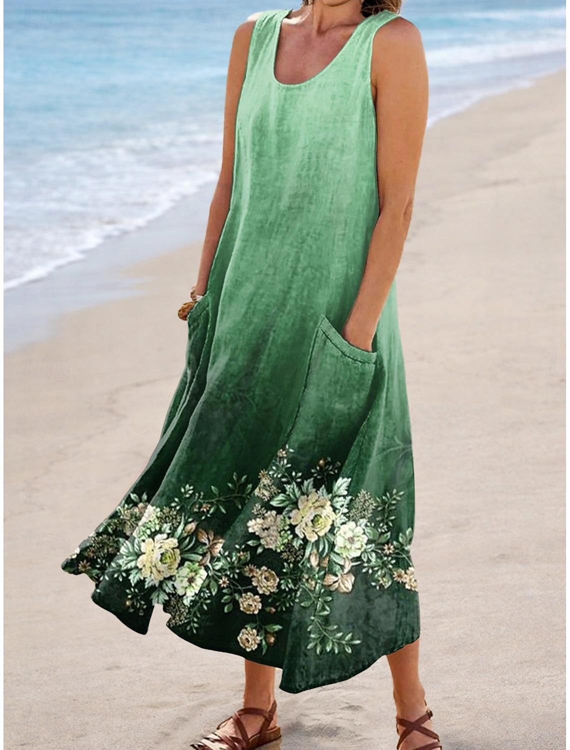 Women's Midi Dress Sundress A Line Dress Vacation Casual Boho Holiday Loose Fit Floral Graphic Sleeveless U Neck Sage Green Green Gray Summer Spring