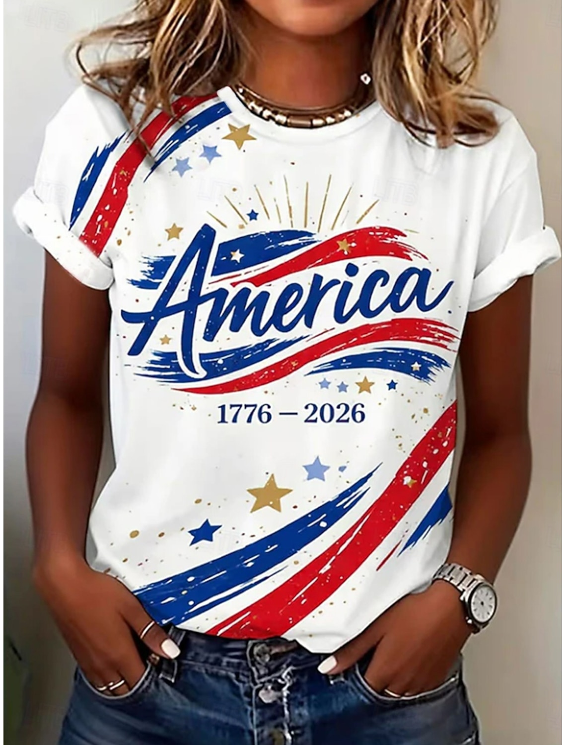 American Independence Day Women's T Shirt Print Graphic American Flag Stylish Classic Casual Short Sleeve V Neck Regular Tops Casual Daily White Brown Summer Spring