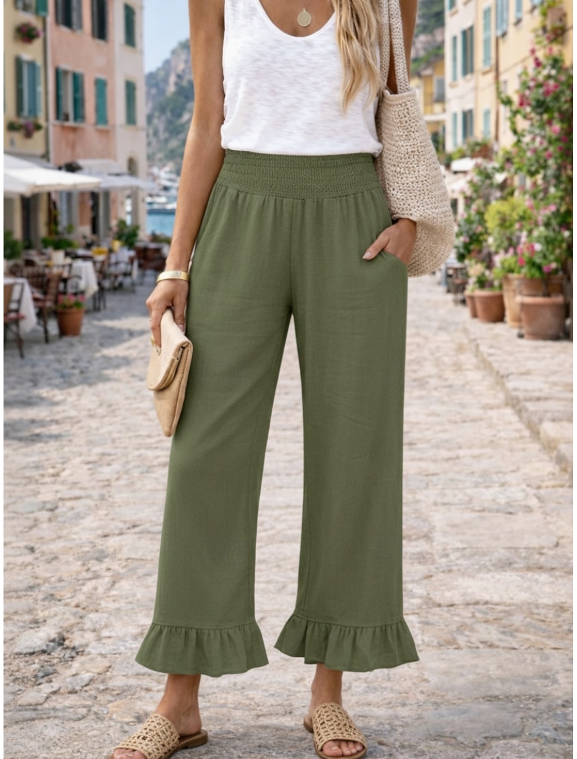 Women's Cotton Linen Pants Wide Leg Chinos Summer Pants Vacation Streetwear Basic Full Length Medium Waist Plain Pocket Elastic Waist Comfy Comfort Micro-elastic Outdoor Vacation Street claret Grey