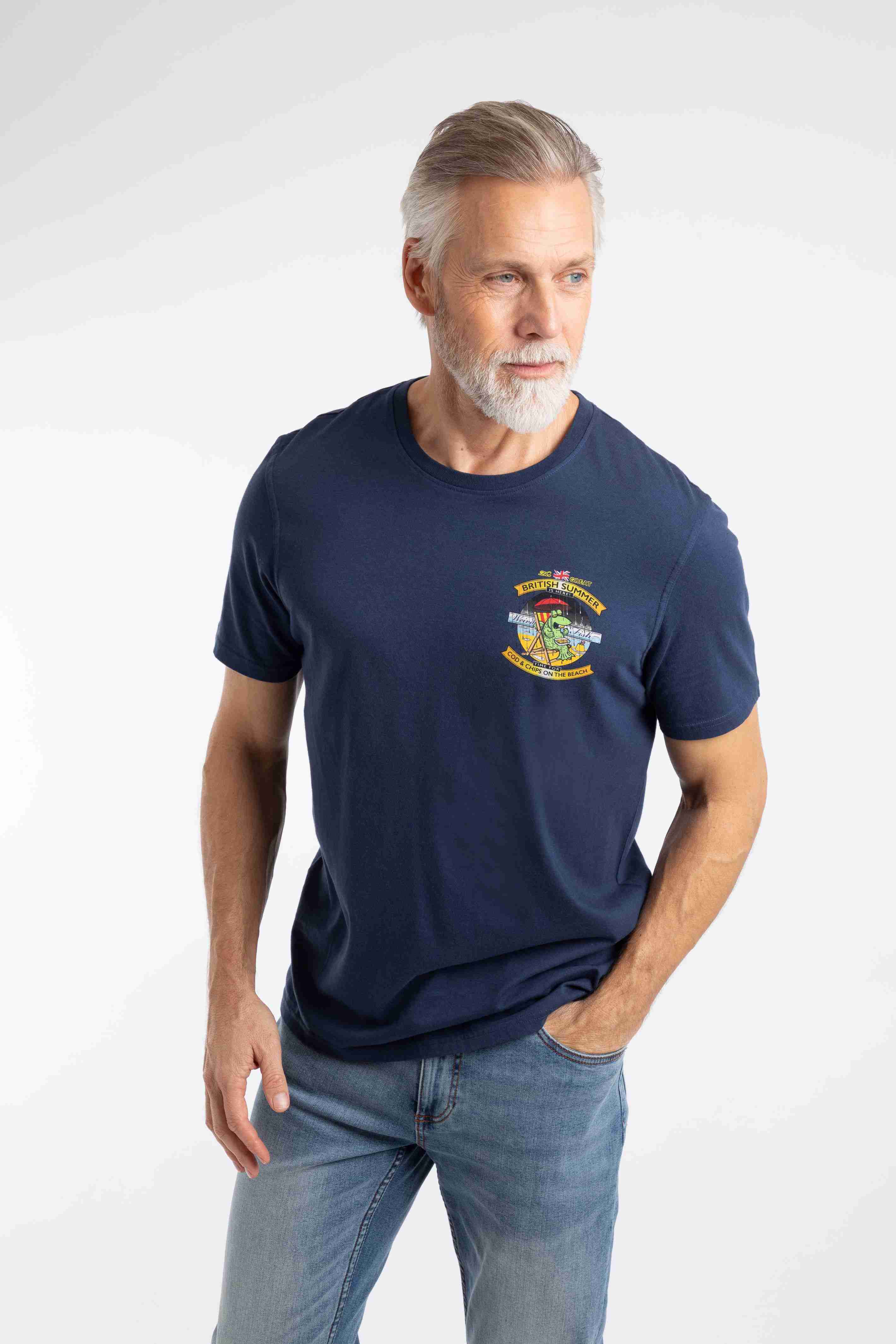 Cod and Chips Back Print Artist T-Shirt Dark Blue