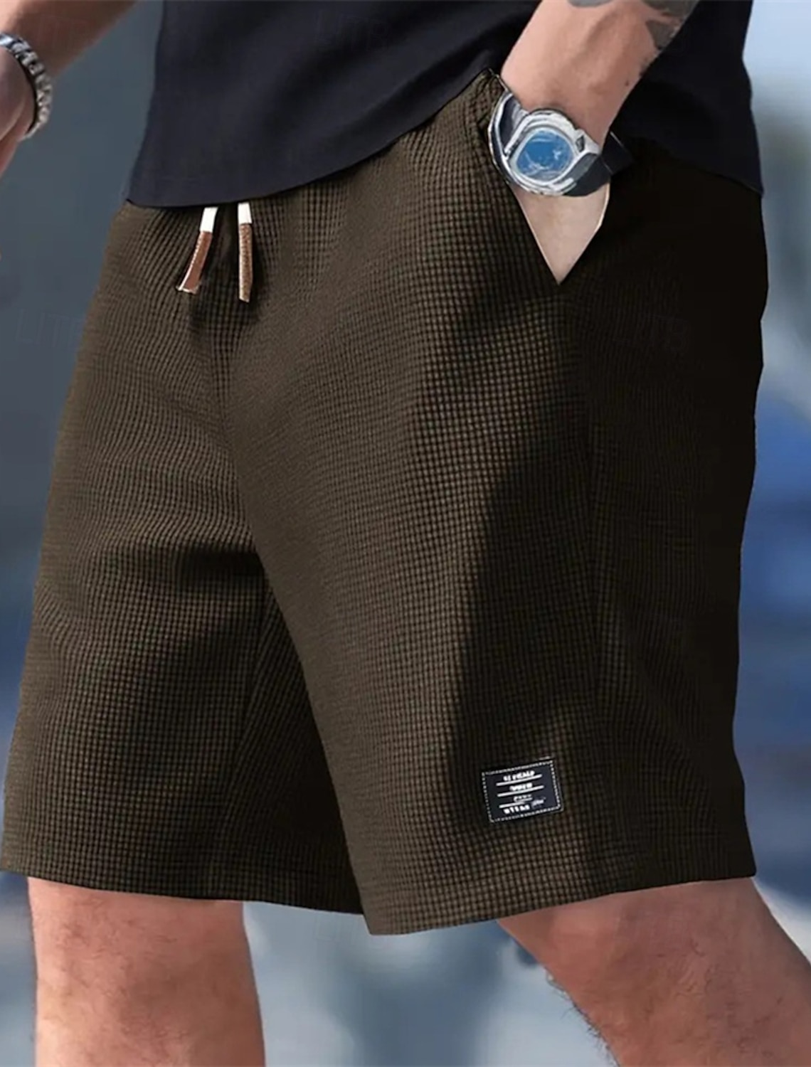 Men's Waffle Shorts Shorts Summer Shorts Casual Shorts Pocket Elastic Waist Drawstring Plain Comfort Breathable Knee Length Outdoor Vacation Sport Casual Black White Micro-elastic
