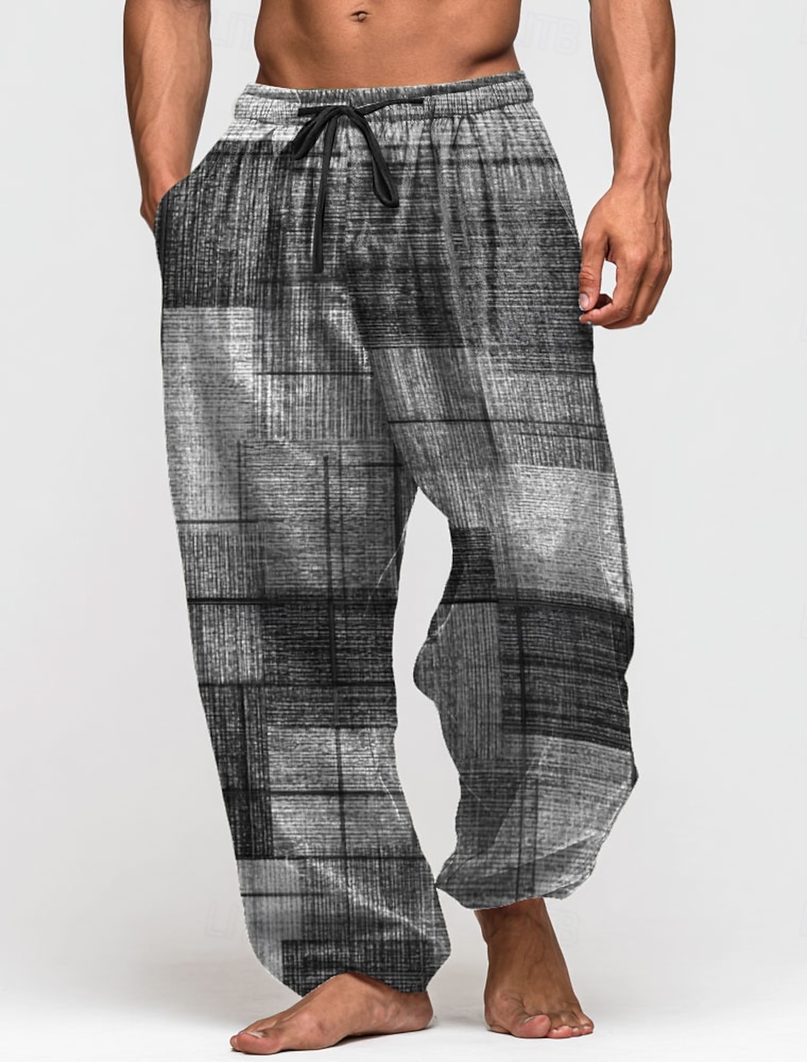 Men's Geometric Color Block Trousers Baggy Pants Casual Mid Waist