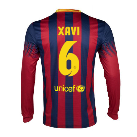 13-14 Barcelona 6 Xavi Home Long Sleeve Soccer Jersey Shirt -