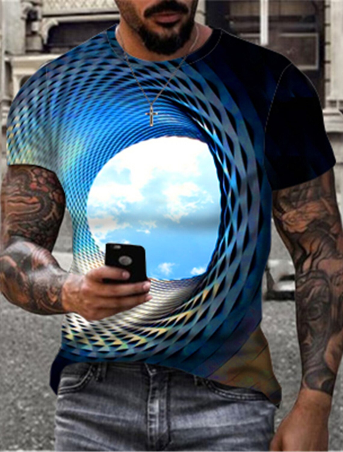 Men's Optical Illusion Clouds T Shirt Short Sleeve 3D Print Round Neck
