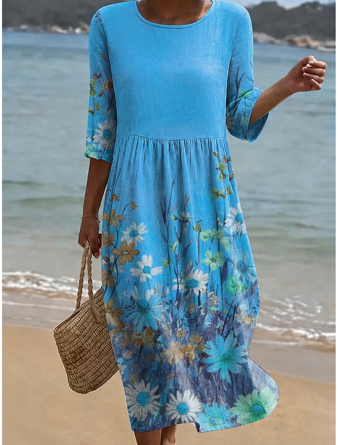 Women's Midi Dress Sundress Vacation Casual Boho Beach Holiday Loose Fit Floral Graphic 3/4 Length Sleeve Crew Neck Blue Yellow Purple Summer Spring