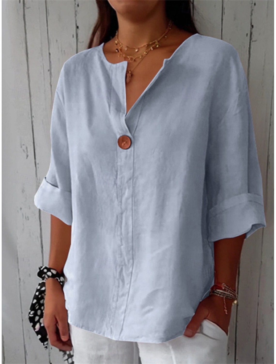 Women's Shirt Linen-feel Shirts Blouse Buttons Plain Stylish 3/4 Length Sleeve V Neck Regular Tops Daily Holiday Going out Black Army Green Red Navy Blue Light Blue Summer Spring