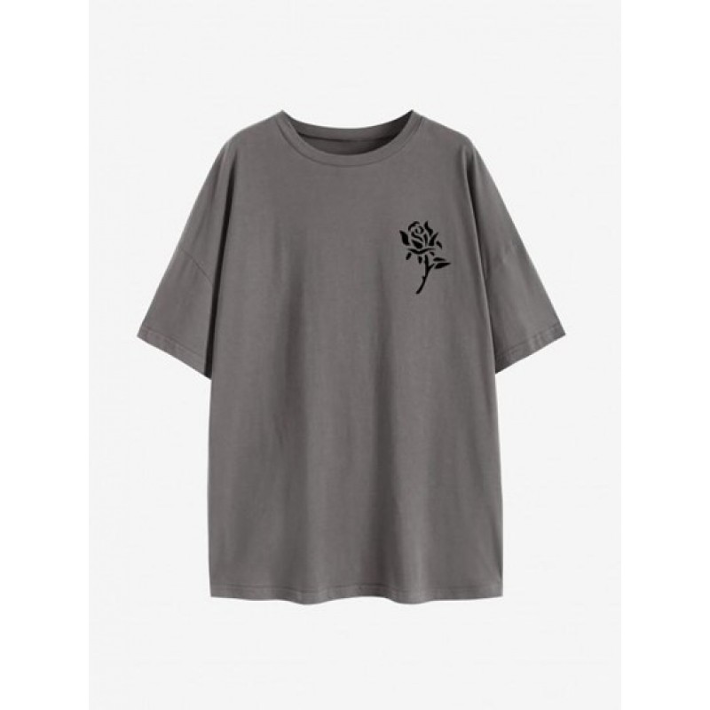 Drop Shoulder Rose Print T Shirt JD4353