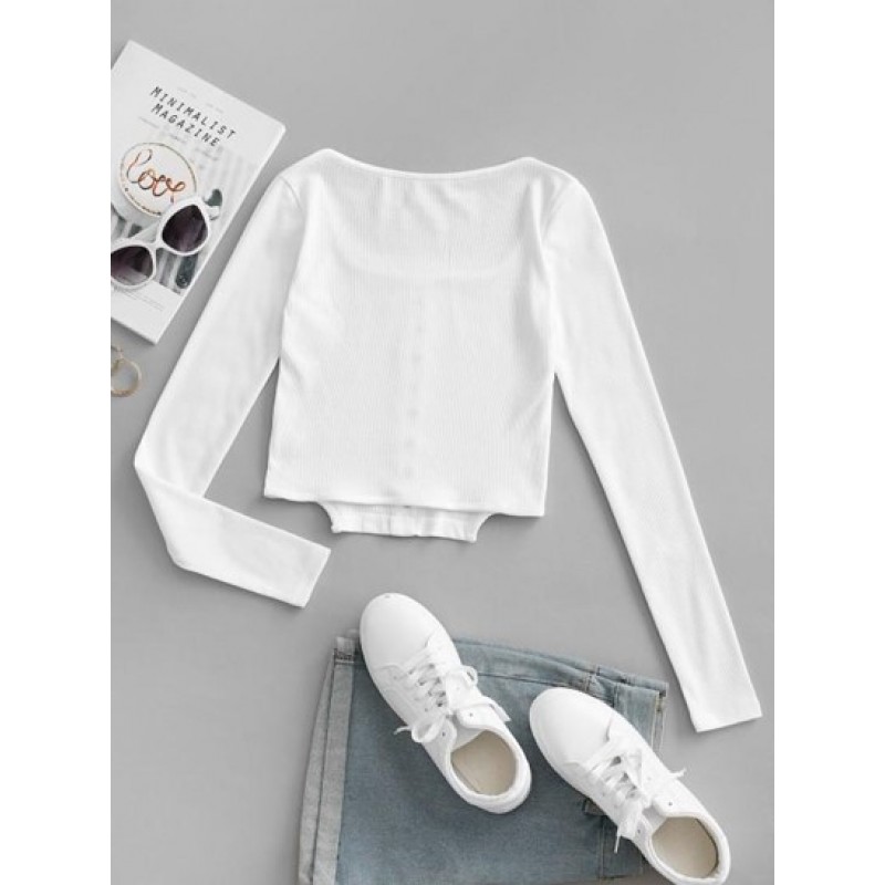 Square Collar Rib-knit Grommets Crop Top ZP2253