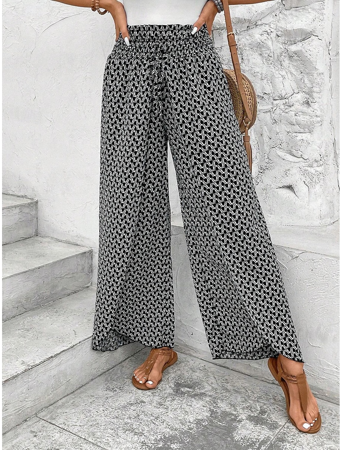 Women's Wide Leg Boho Pants Chinos Skort Vacation Streetwear Casual Ankle-Length Medium Waist Graphic Drawstring Printing Comfy Comfort Breathable Micro-elastic Daily Outdoor Vacation Black White