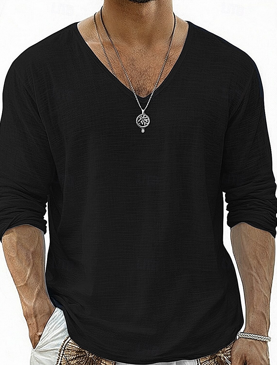 Men's Tee Top Linen T-Shirt Long Sleeve V Neck Summer Spring & Soli #2