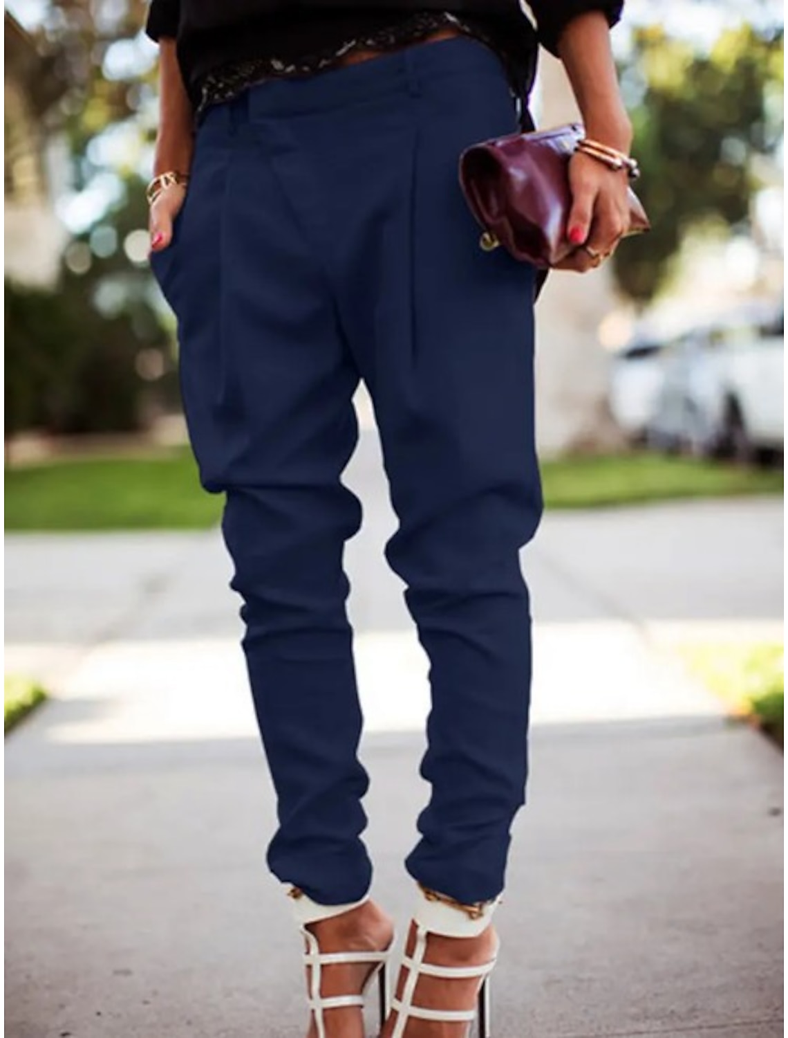 Women's Cargo Pants Joggers Pants Trousers Harem Pants Simple Basic Full Length Mid Waist Solid Colored Pocket Classic Asymmetric Inelastic Work Office / Career Blue Black White Gray Spring & Fall