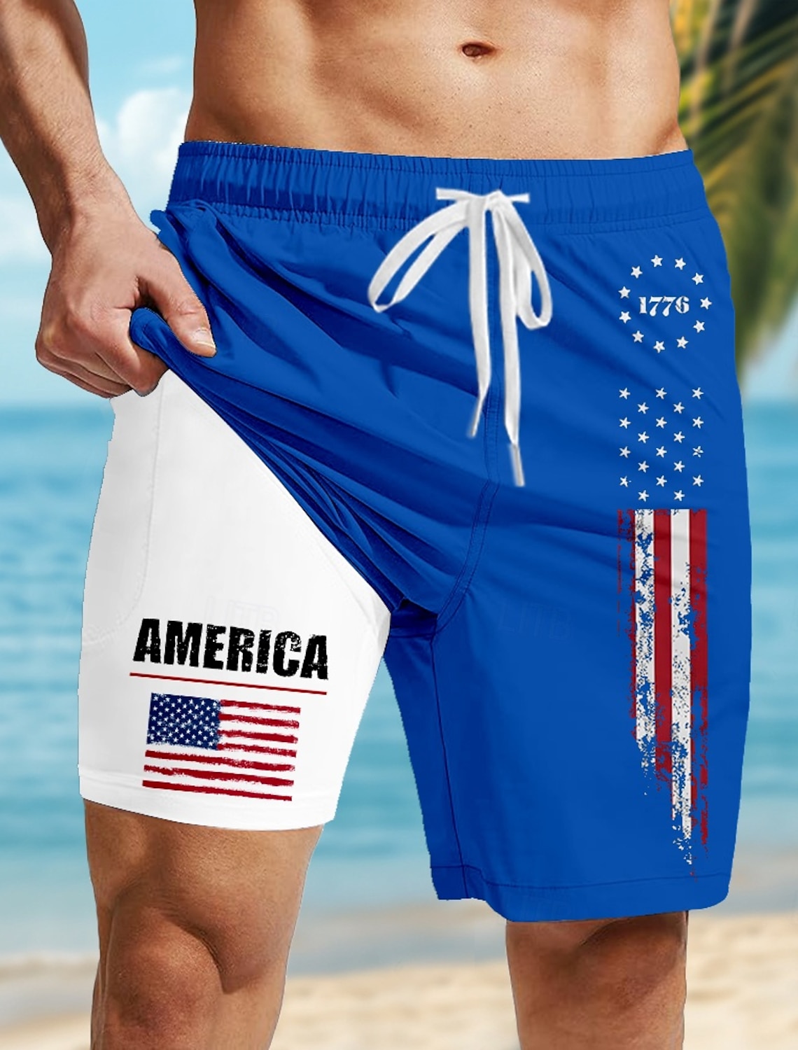Independence Day Men's American US Flag 4th of July U.S. 250th Anniversary Patriotic Lined Shorts 2 in 1 Board Shorts Swim Trunks Mid Waist Holiday Side Pockets With Compression Liner Elastic